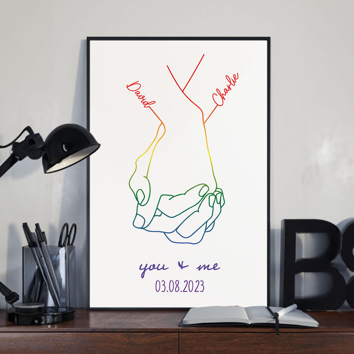 Personalized Couple Relationship Hand Line Art Print, Custom Poster Gift for LGBTQ+ Couples