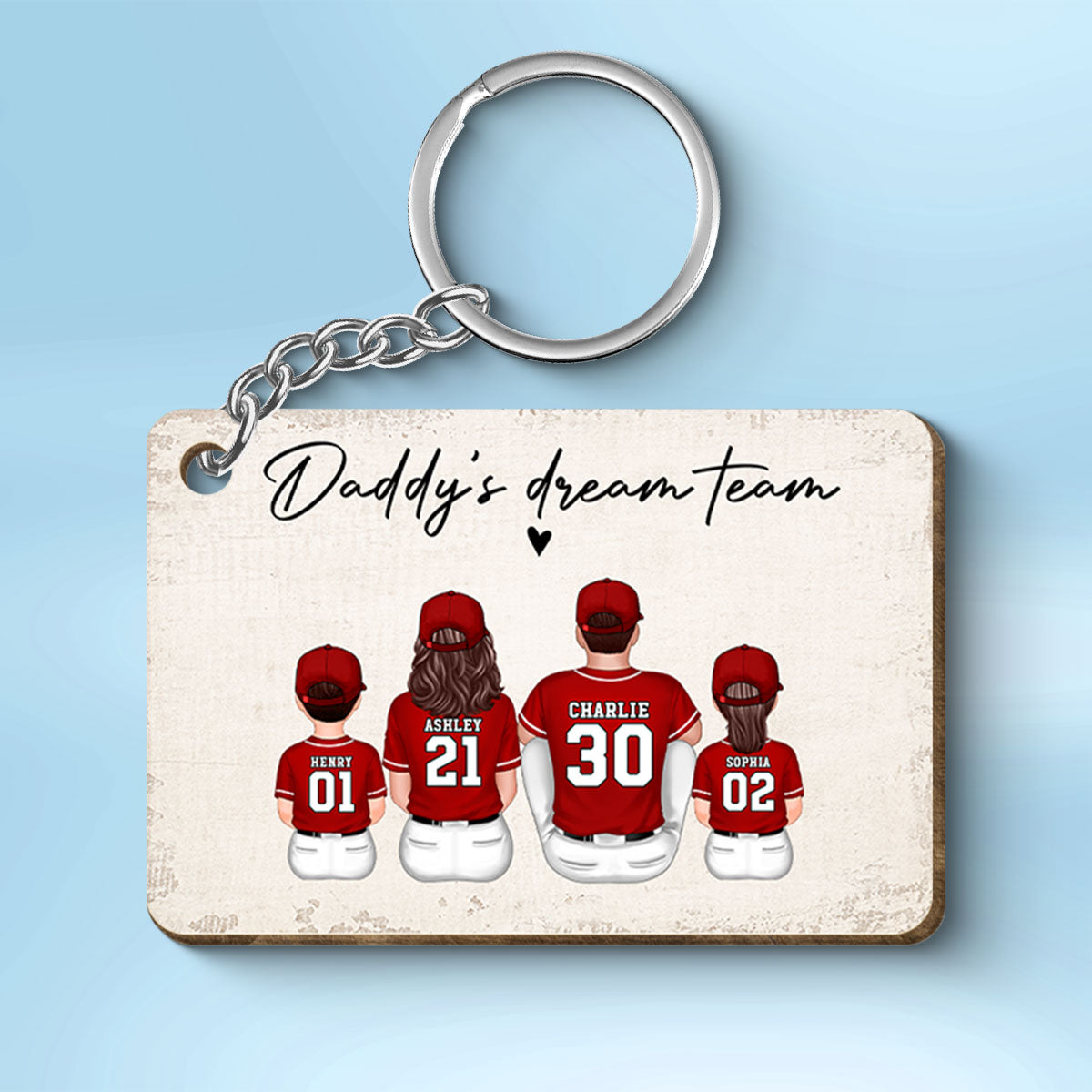 Daddy's Team Baseball Family Sitting Personalized Wooden Keychain, Father's Day Gift For Dad, Grandpa, Husband