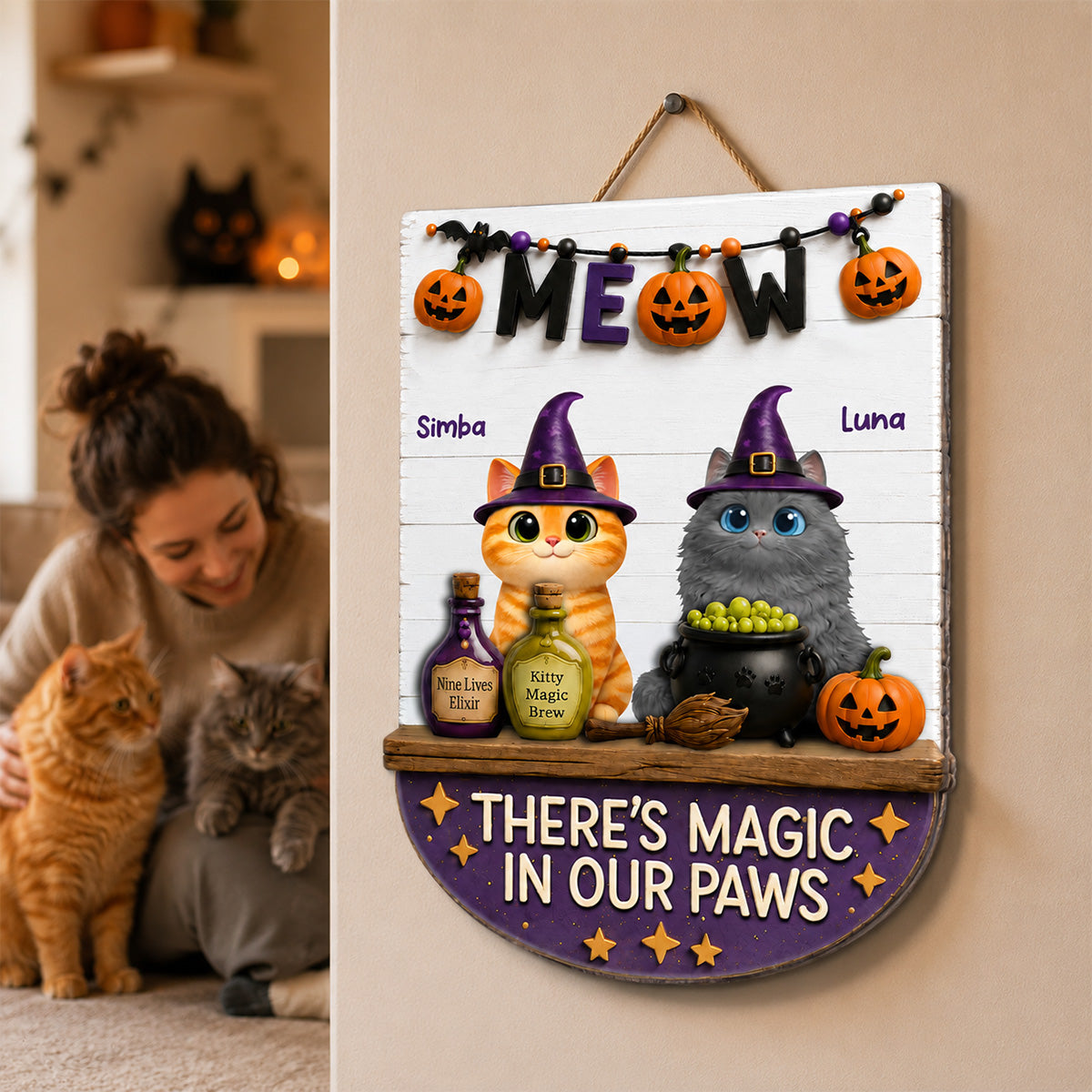 There's Magic In Cat Paws - Personalized Door Hanger - Halloween Decoration