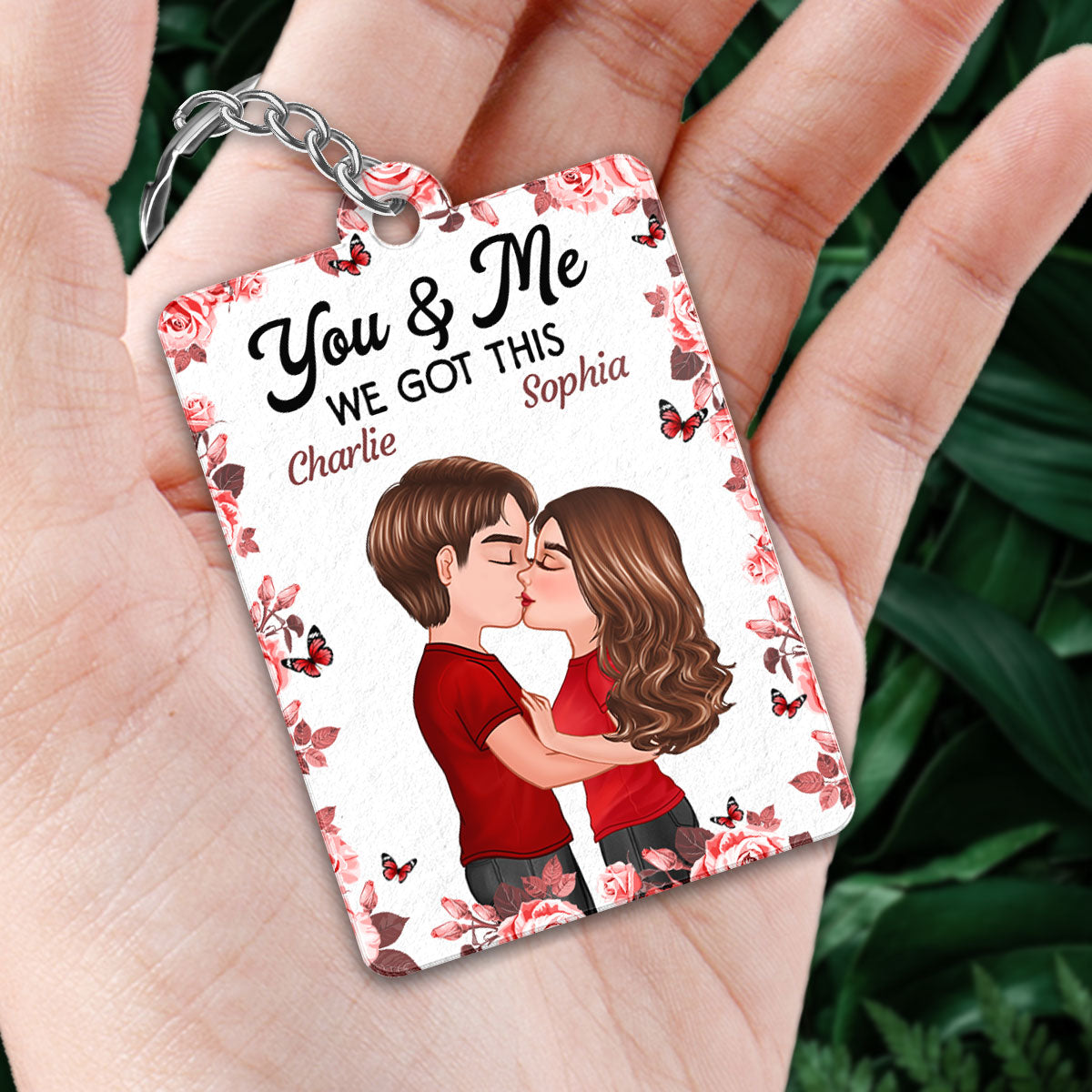 Rose Frame Doll Couple Kissing Favorite Song QR Code Personalized Acrylic Keychain