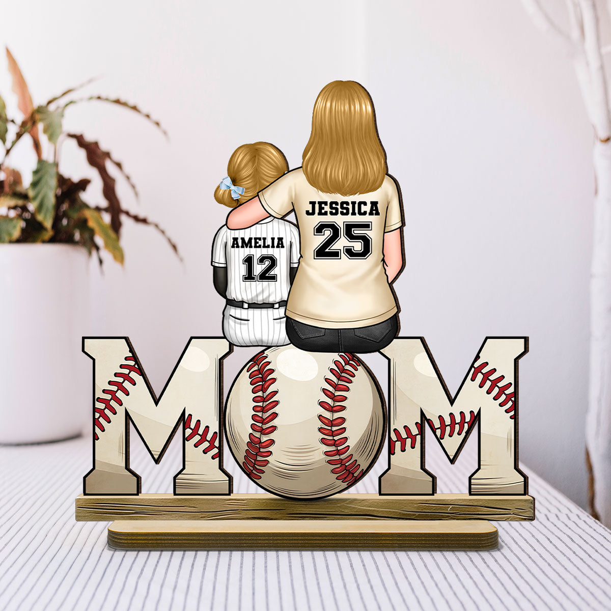 Baseball, Softball Mom And Kids Personalized Standing Wooden Plaque, Gift For Wife, Gift For Mom
