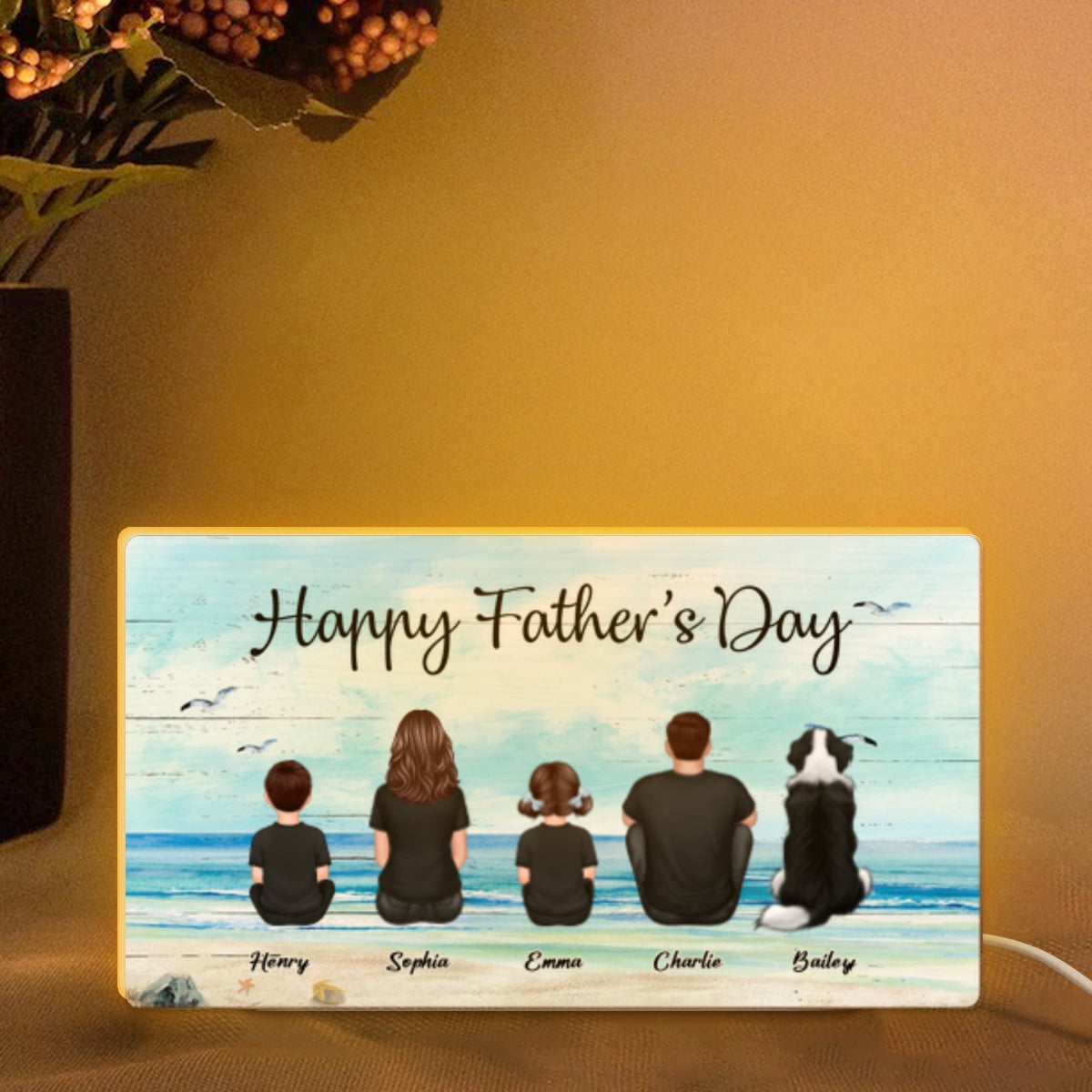Family Sitting Back View Retro Vintage Beach Landscape Personalized Light Box, Unique Gift, Father's Day Gift