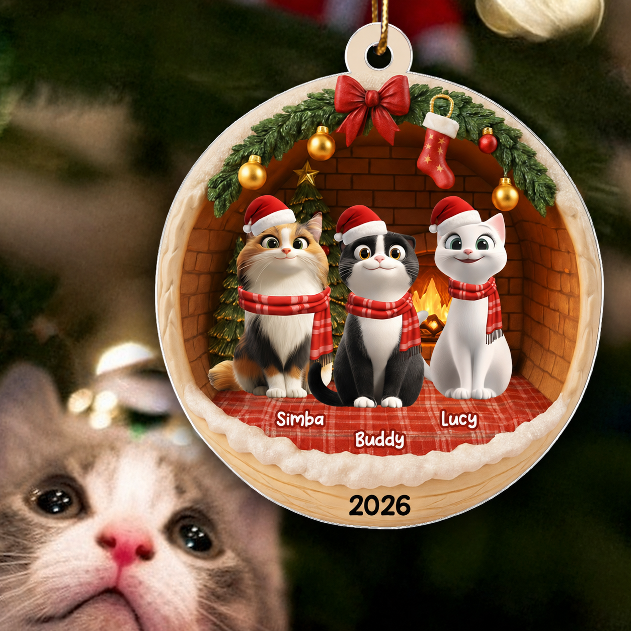 3D Christmas Cats Cozy House - Personalized Acrylic Ornament - Christmas Gift for Cat Lovers