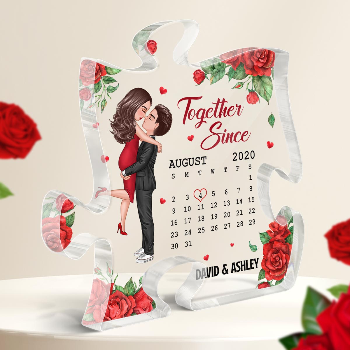 Rose Pattern Doll Couple Hugging Kissing Calendar Anniversary Date Gift For Him For Her Personalized Puzzle Acrylic Plaque