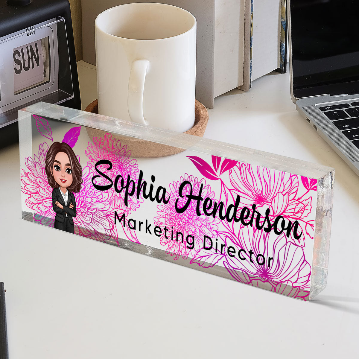 Floral Line Art Woman Man Office Personalized Desk Name Plate| Unique Gift For Colleagues, Boss