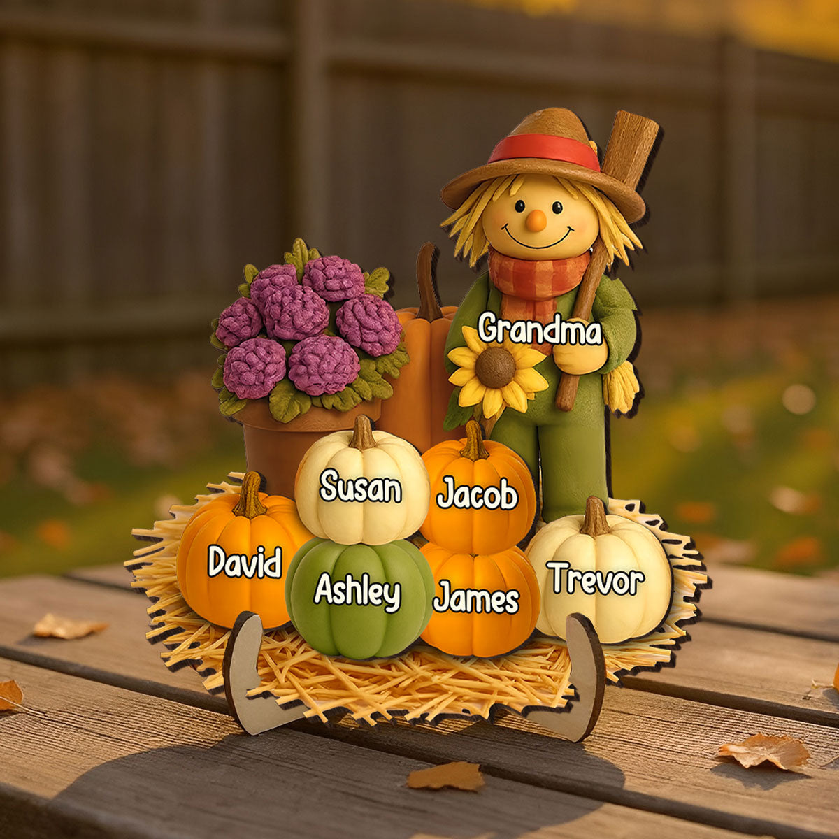 Fall Scarecrow Grandma with Pumpkins Grandkids Names 3D Effect Personalized 2-Layer Wooden Plaque