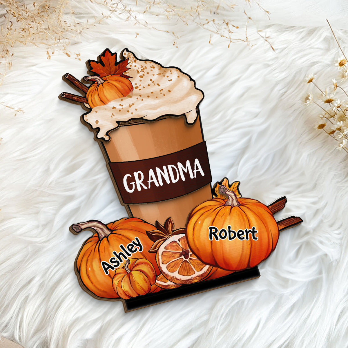Grandma Mom Pumpkin Spice Latte Personalized 2-Layer Standing Wooden Plaque, Fall Season Gift For Grandma