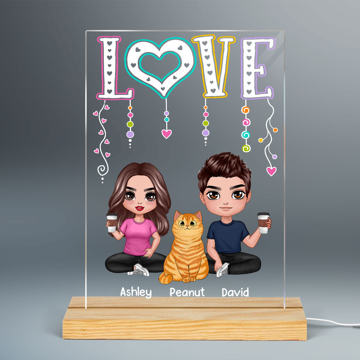 LOVE Happy Doll Man Woman Couple With Cats You Me And The Cats Personalized Rectangle Acrylic Plaque LED Night Light