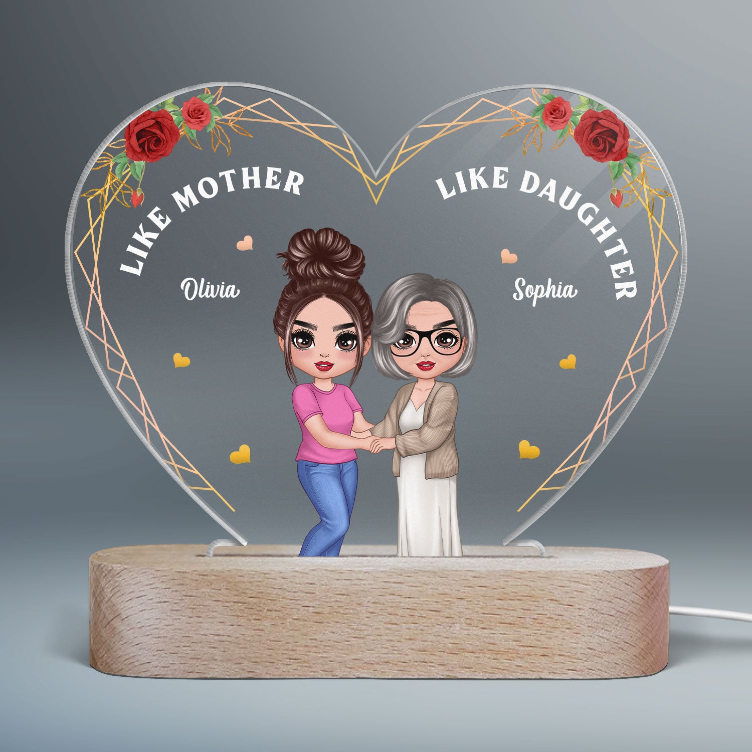 Roses Doll Mother Daughter Hugging Like Mother Like Daughter Personalized Heart Acrylic Plaque LED Night Light
