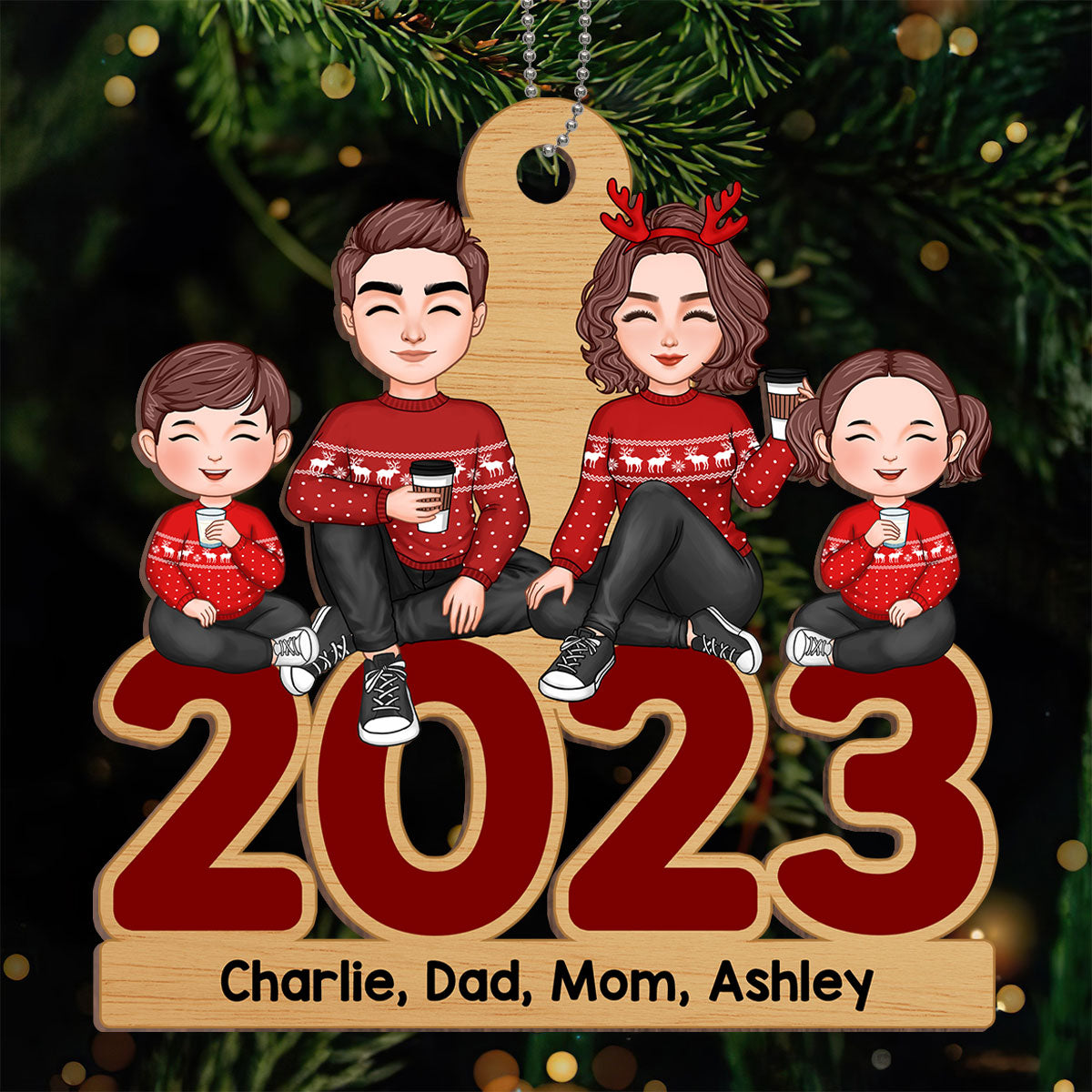 Cute Family Dad Mom Kid Dog Cat Sitting On 2023 Personalized Wooden Ornament