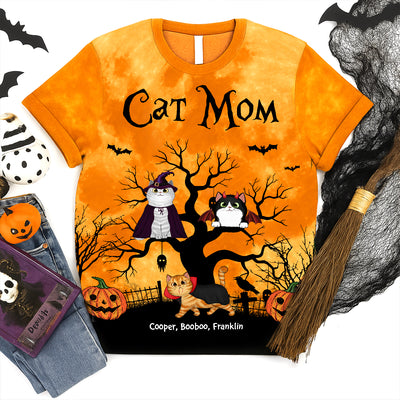 Cat Mom Halloween Moon Light Bat Cat Tree Personalized Shirt, Purrfect Costume for Cat Lover