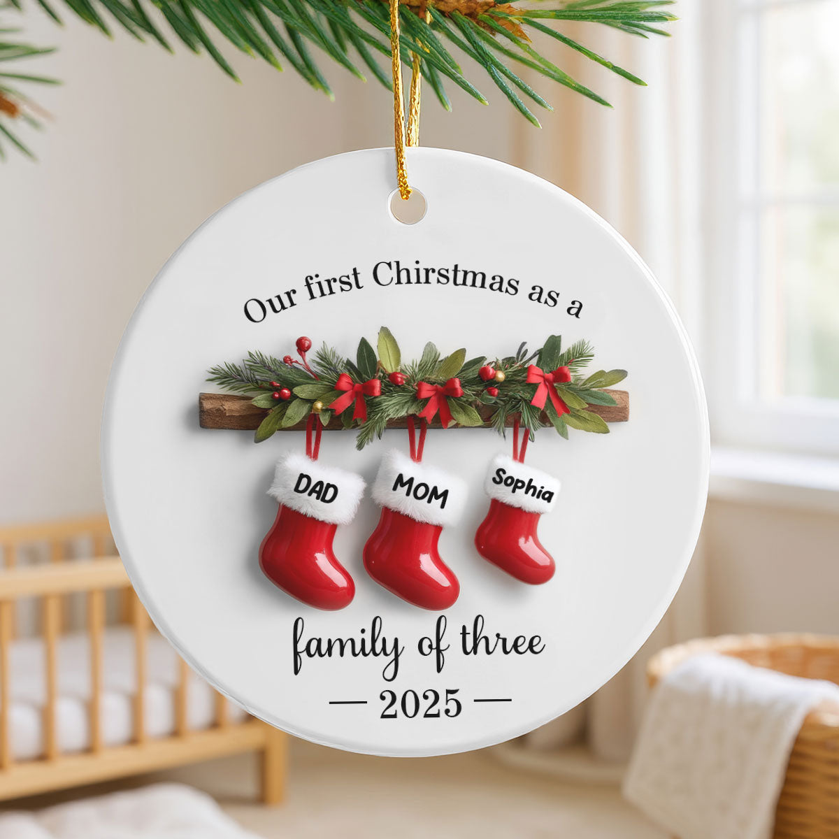 Family Christmas Stockings 3D Effect - Personalized Ceramic Ornament - Christmas Tree Decor For Family