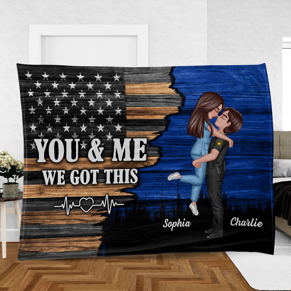 Hero Couple Hugging Kissing Half Flag Gift by Occupation Gift For Her Gift For Him Personalized Fleece Blanket