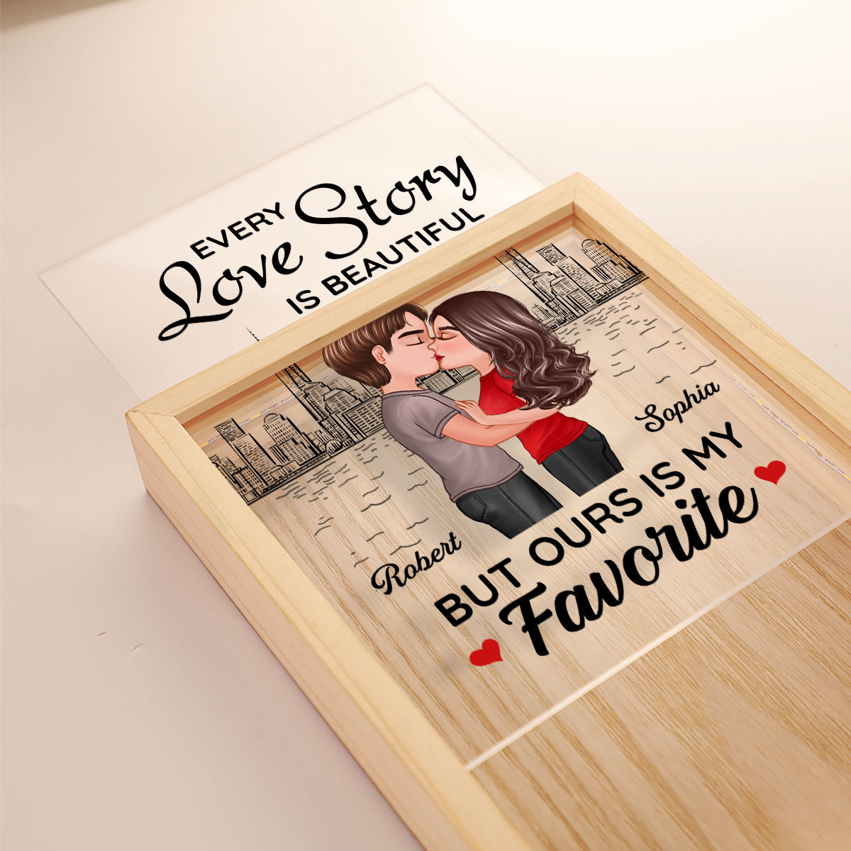 Doll Couple Kissing Skyline Gift For Him For Her Personalized Wooden Frame Light Box