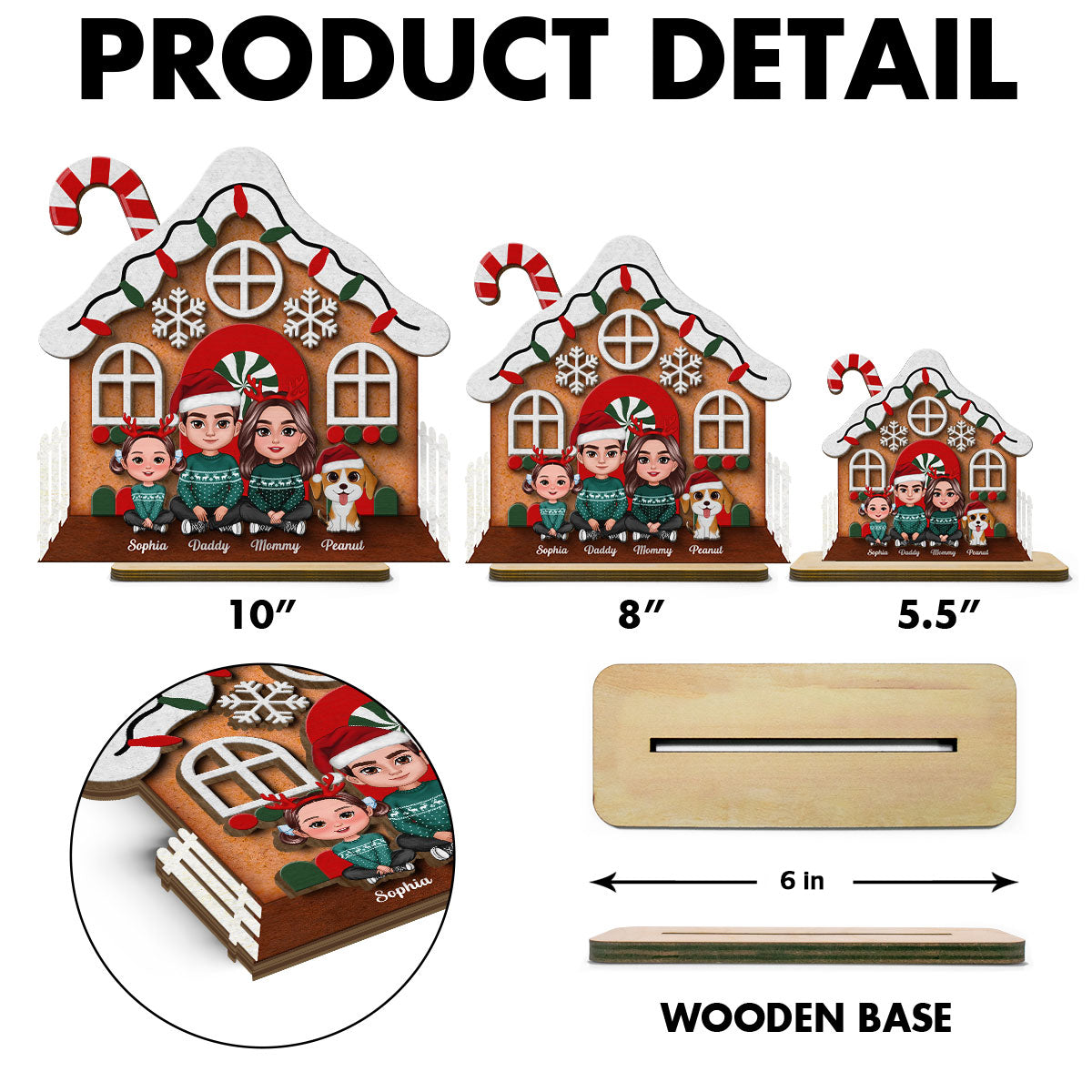 Gingerbread House Family Christmas Tabletop Fireplace Decor Personalized 2-Layer Standing Wooden Plaque