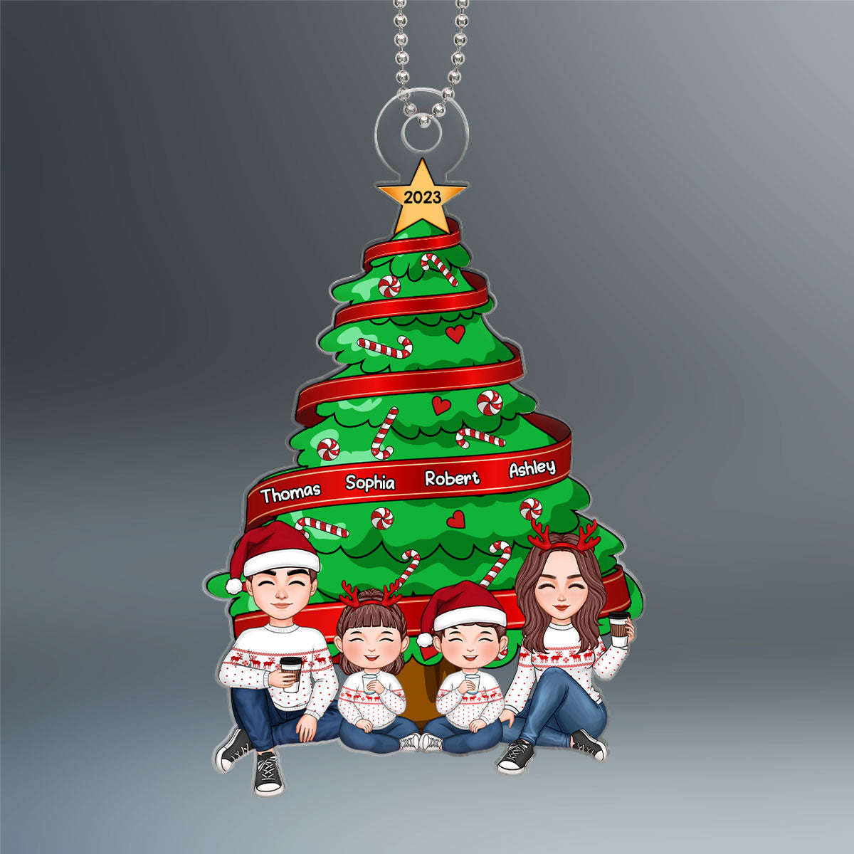 Family Sitting Under Christmas Tree Personalized Acrylic Name Ornament