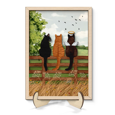 Cat Portrait Prints Cats Sitting on Fence in Countryside Personalized 2-Layer Wooden Plaque
