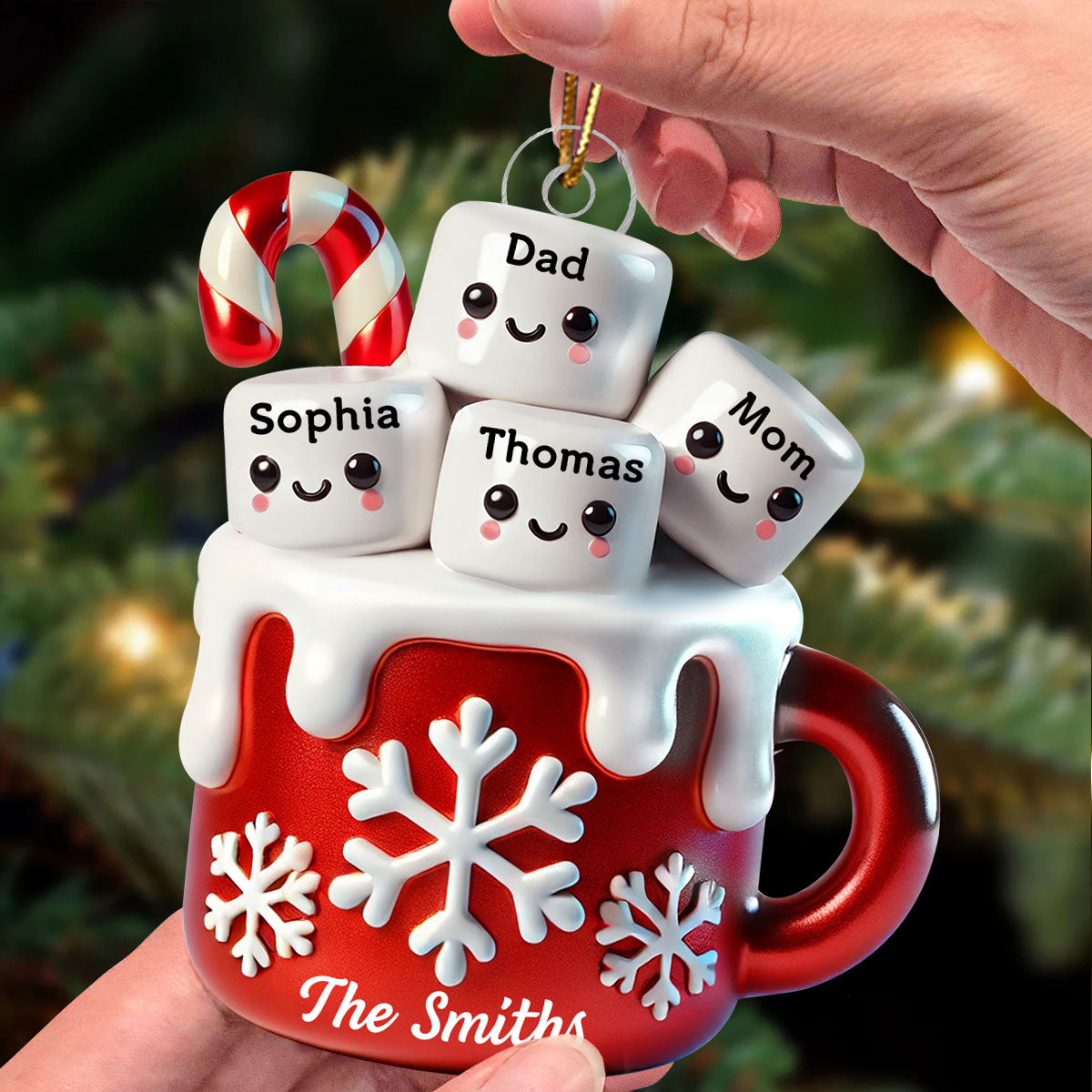 3D Effect Marshmallow Hot Cocoa Family Christmas Personalized Acrylic Ornament