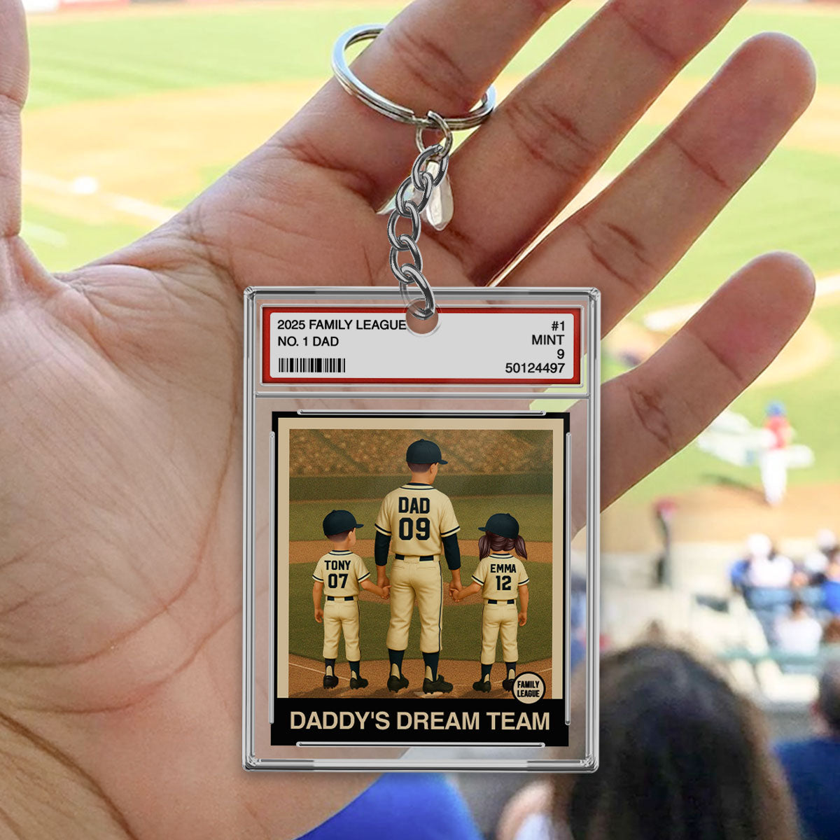 Baseball No. 1 Dad Man & Kids Trading Card Style Personalized Acrylic Keychain