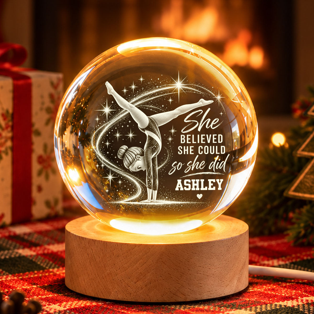 Beautiful Gymnastic Girl She Believed She Could So She Did - Personalized Crystal Ball LED Night Light - Christmas Gift For Gymnastic Girl, Gymnast, Daughter, Granddaughter