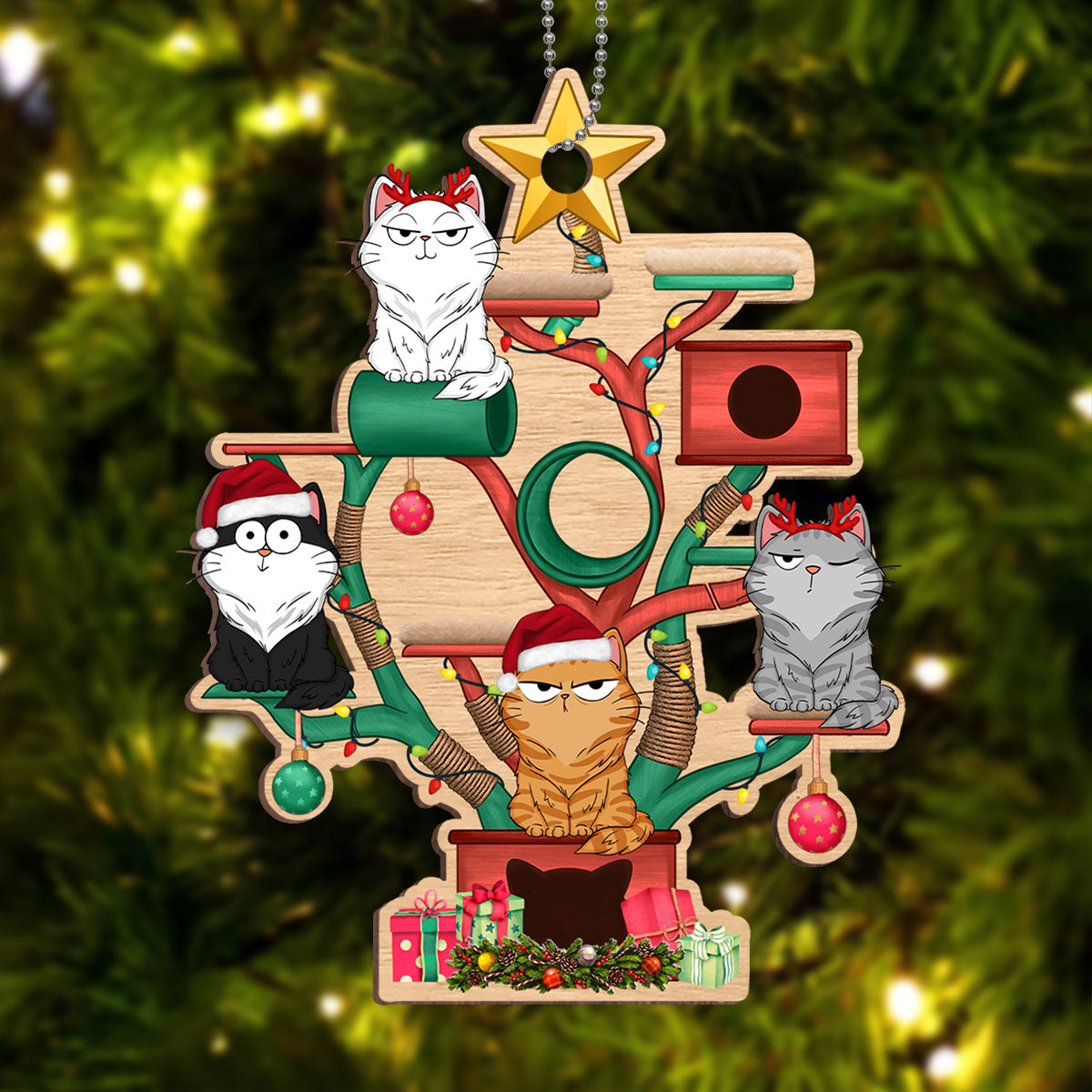 Christmas Cat Tower Funny Cats Expression Personalized Wooden Ornament