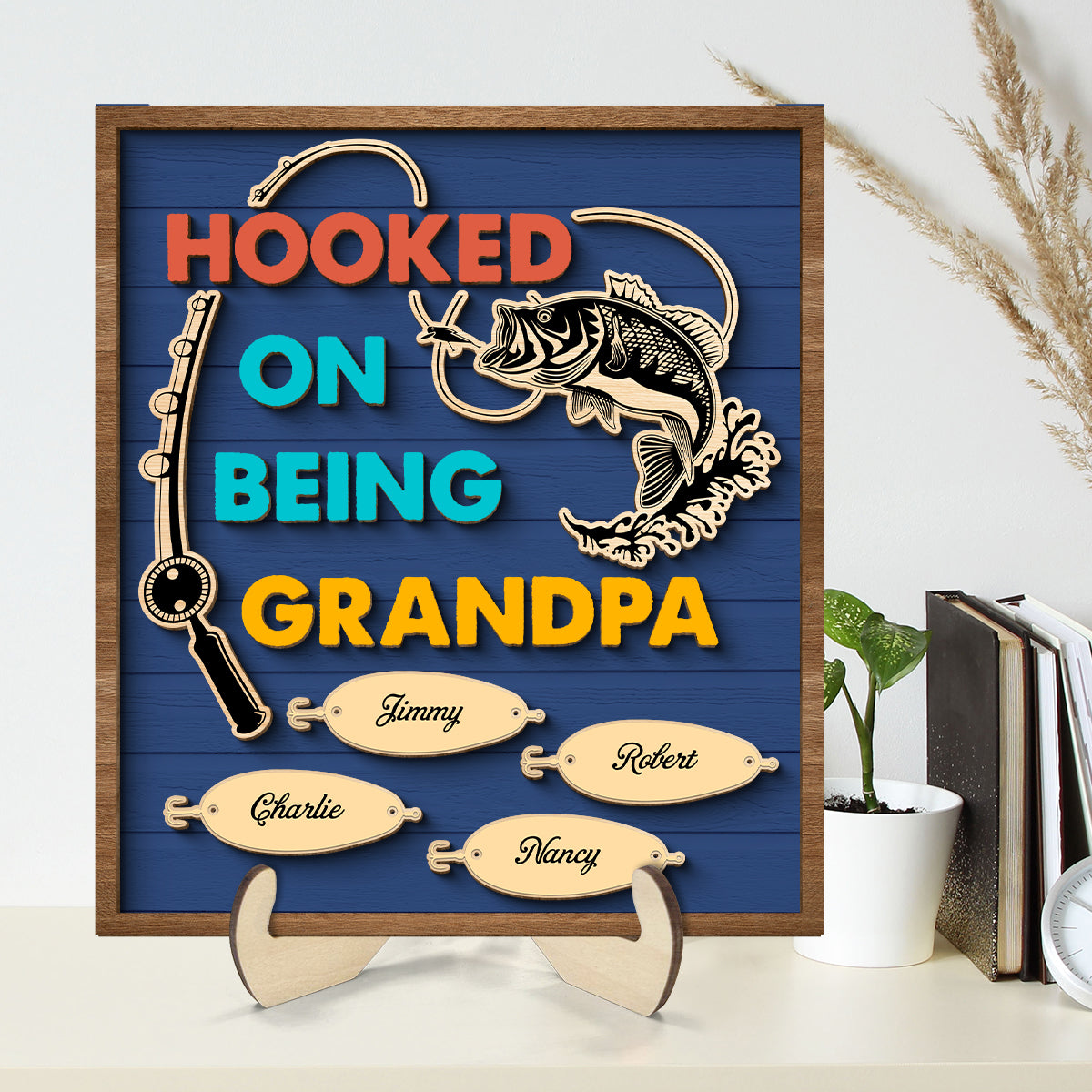 Hooked On Being Grandpa Fishing Personalized 2-Layer Wooden Plaque