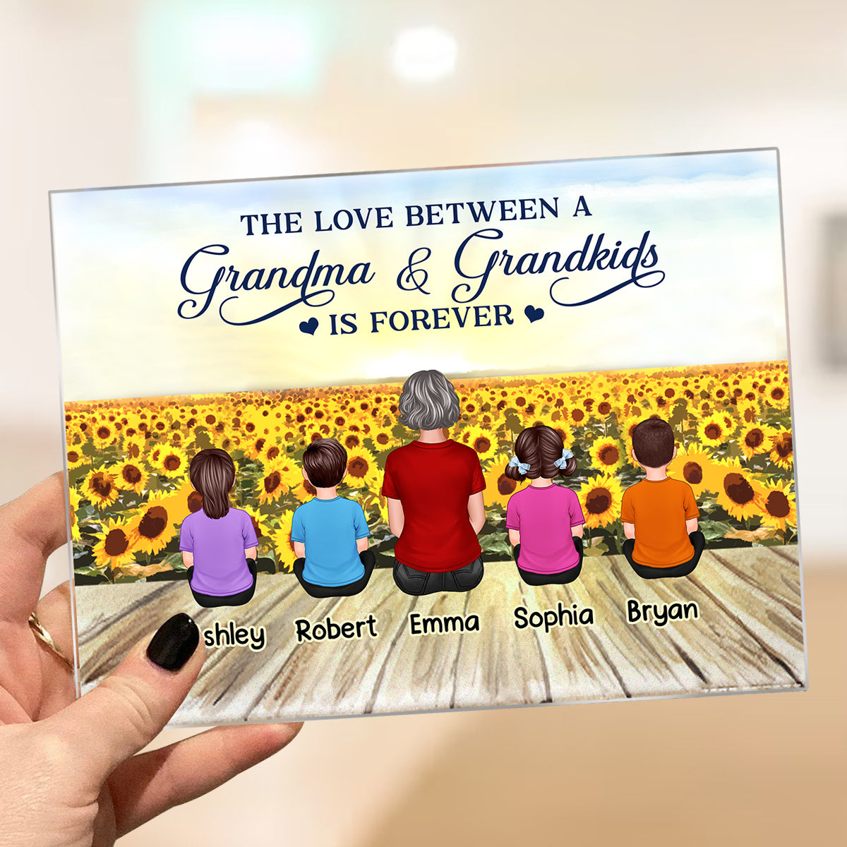 Sunflower Field Back View Grandma Mom With Kids Dogs Cats Sitting Personalized Acrylic Plaque
