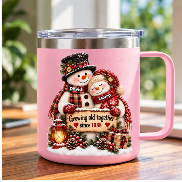 Snowman Couple Hugging Growing Old Together - Personalized Stainless Steel Tumbler With Handle - Heartfelt Christmas Gift for Her, for Him