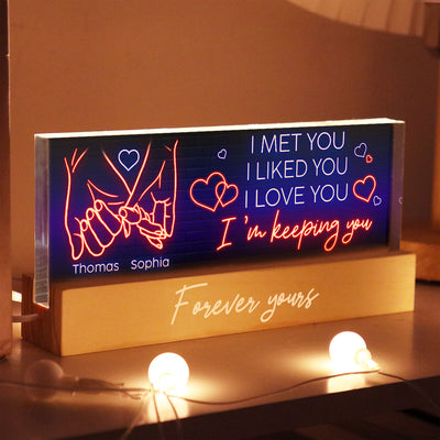 I Love You Forever Yours Couple Hand In Hand Outline Anniversary  Gift Personalized Acrylic Block LED Night Light