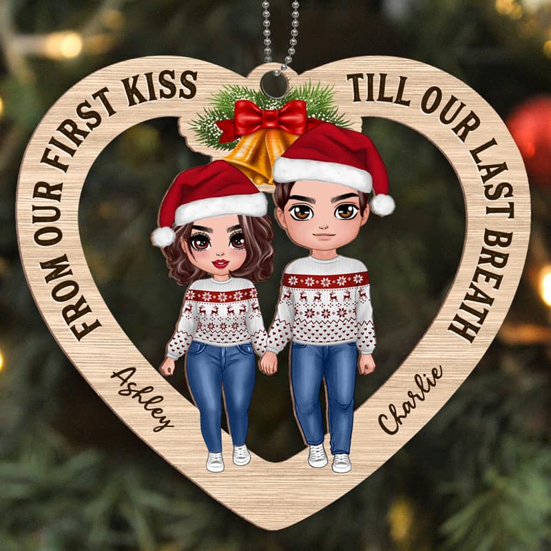 Doll Couple Standing Heart Personalized Wooden Ornament