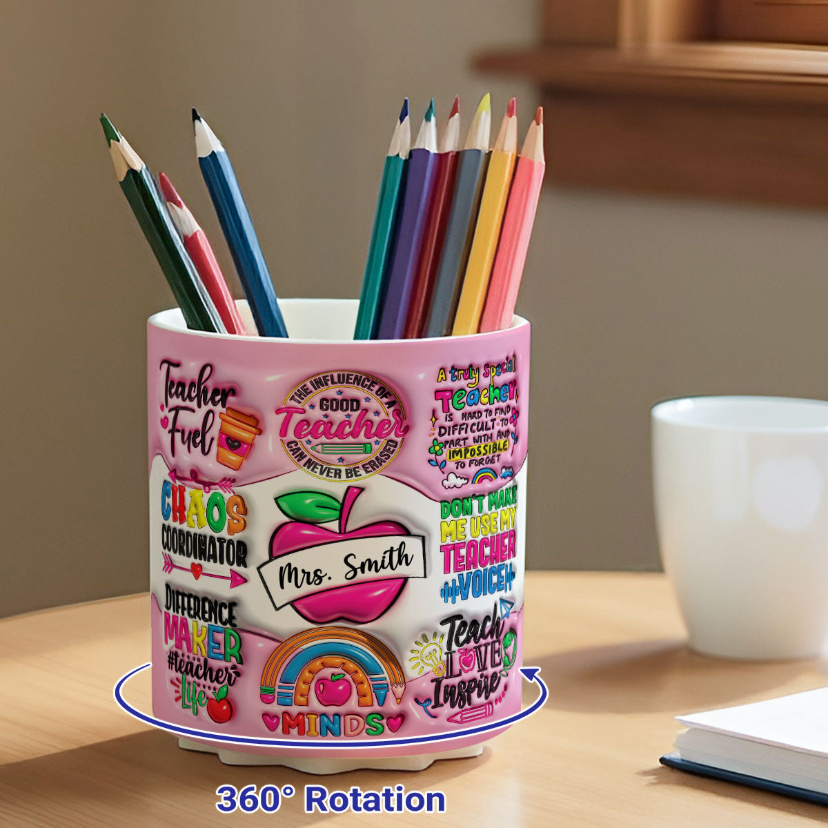 Teacher Fuel Chaos Ordinator 3D Inflated Effect Personalized Rotating Pen Holder, Teacher Appreciation Gift, Back To School Gift