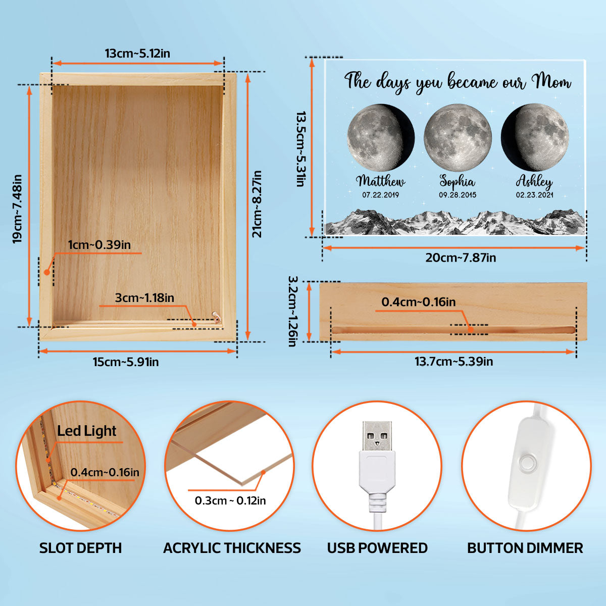 The Day You Became Mom Grandma Custom Birth Moon Phase Personalized Wooden Frame Light Box, Gift