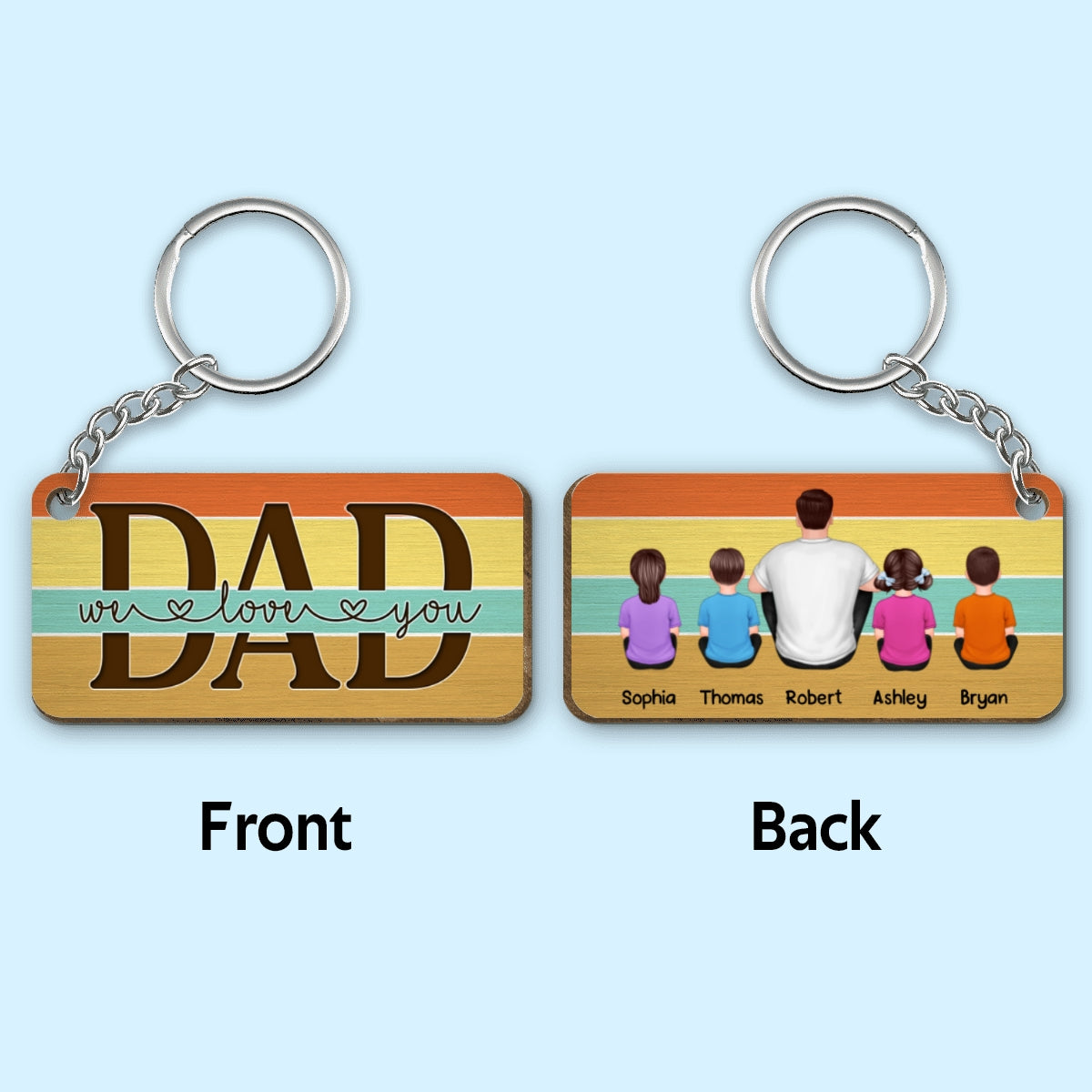 Best Dad Ever Back View Sitting Man & Kids Dog Cat Retro Personalized Wooden Keychain