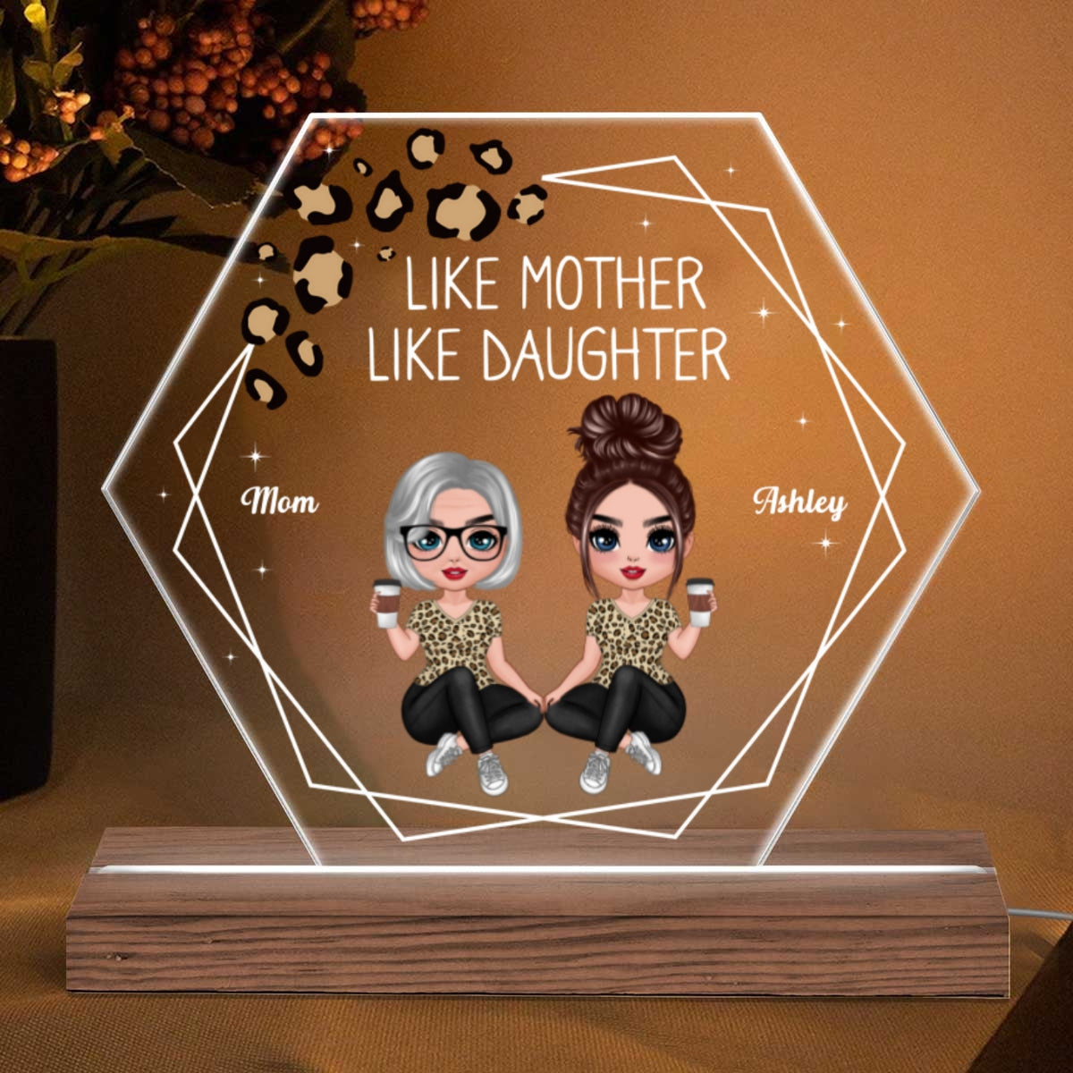 Hexagon Frame Like Mother Like Daughter Doll Woman Sitting Personalized Custom Shape Acrylic Plaque LED Night Light