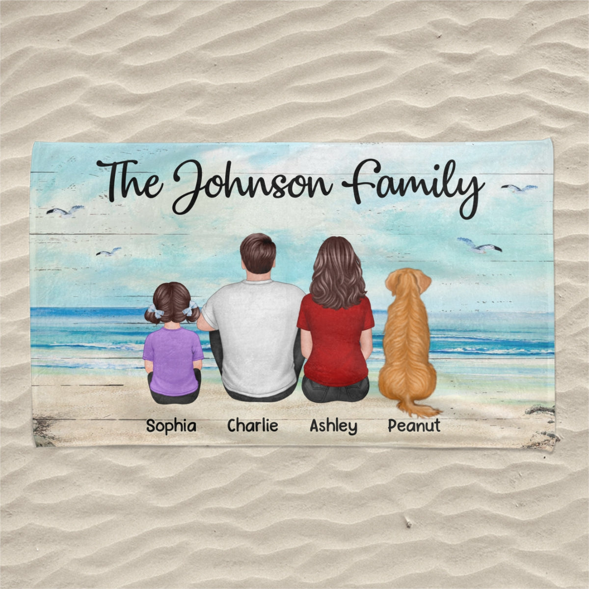 Family Sitting Beach Landscape Personalized Beach Towel