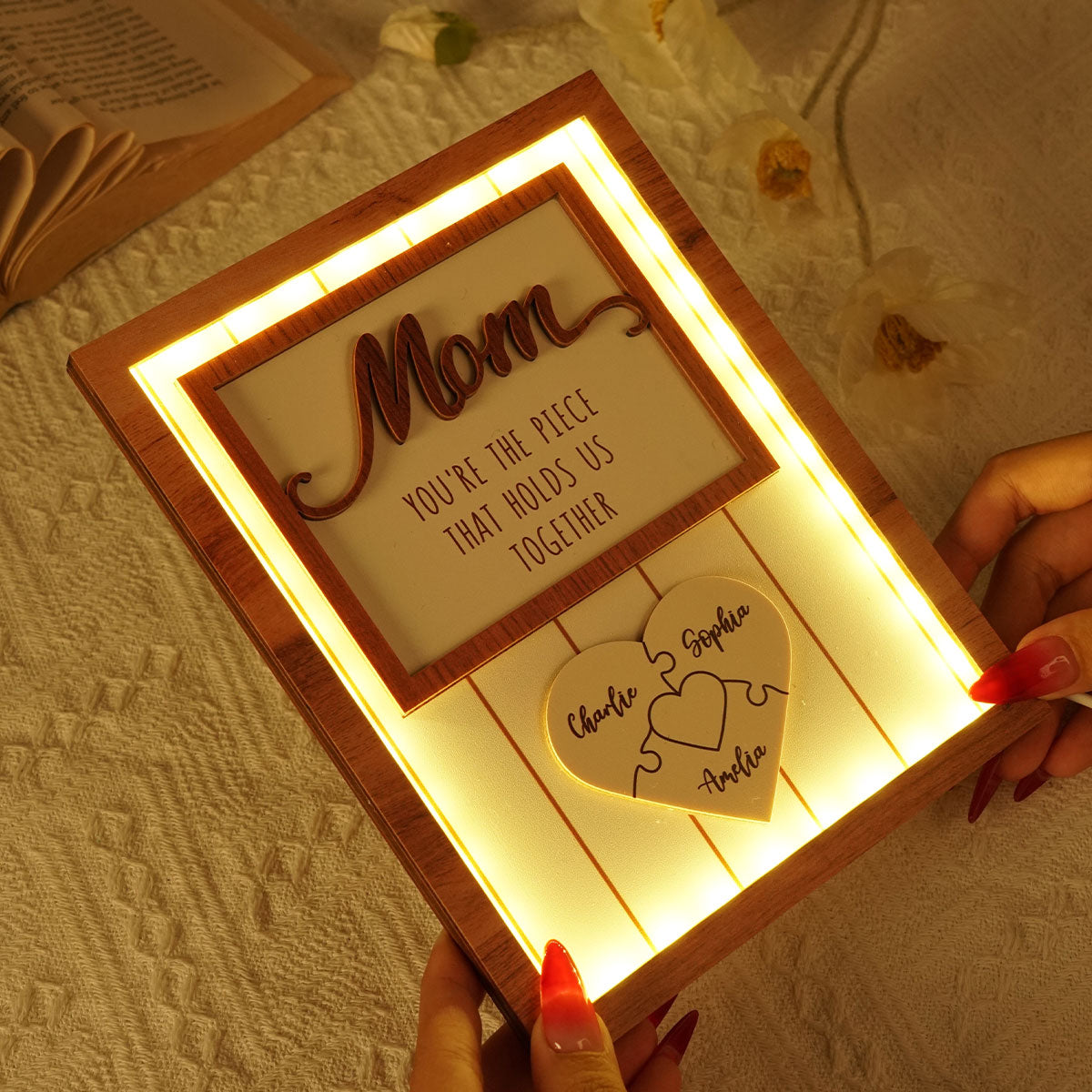 Mom You're The Piece that Holds Us Together Personalized 2-Layered Wooden Plaque with LED, Heartfelt Gift for Mom, Grandma