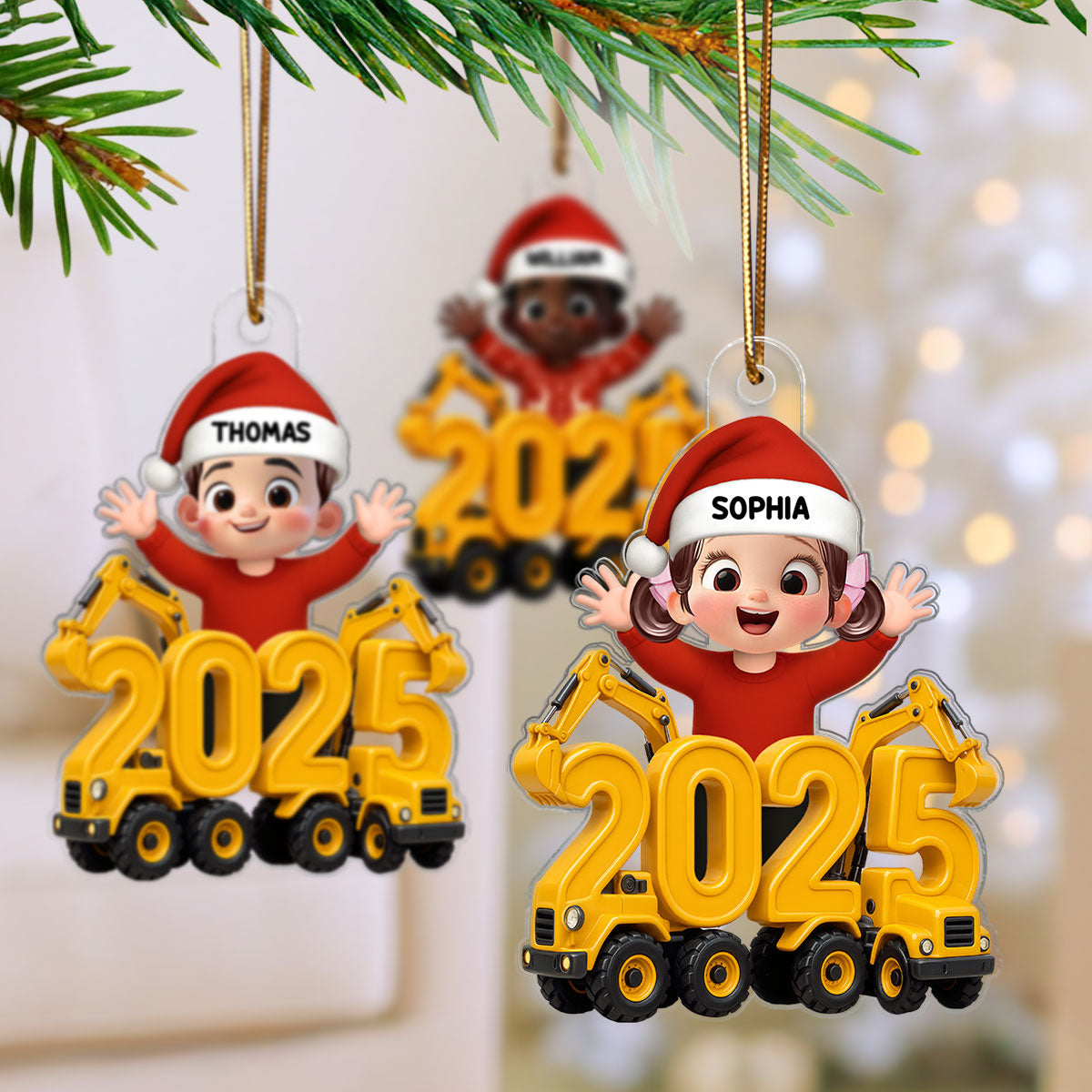 3D Effect Happy Kid With Excavator Numbers - Personalized Acrylic Ornament - Christmas Gift For Kids, Grandkids, Granddaughter, Grandson