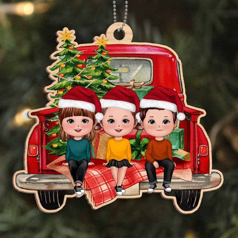 Kids On Red Truck Christmas Personalized Wooden Ornament