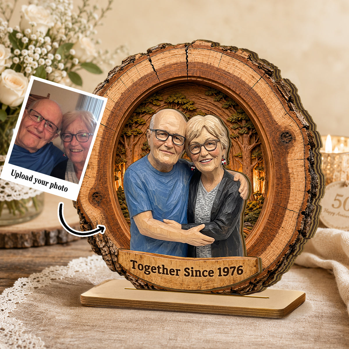 Custom Couple Photo Portrait - Personalized 2-Layered Wooden Plaque - Heartfelt Anniversary Gift for Her, for Him