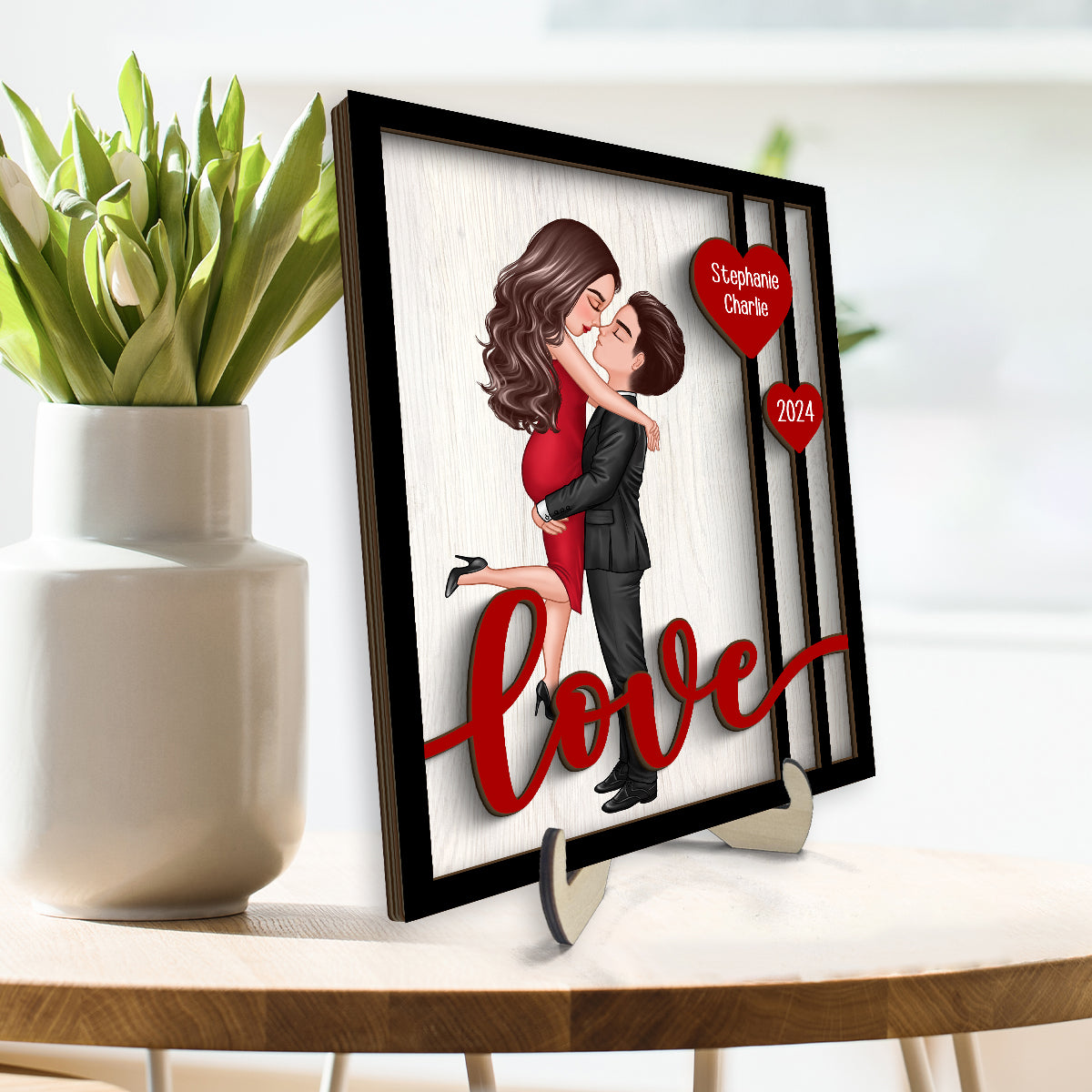 Couple Hugging Kissing Love Hearts Personalized 2-layer Wooden Plaque, Valentine‘s Day Gift For Him, For Her