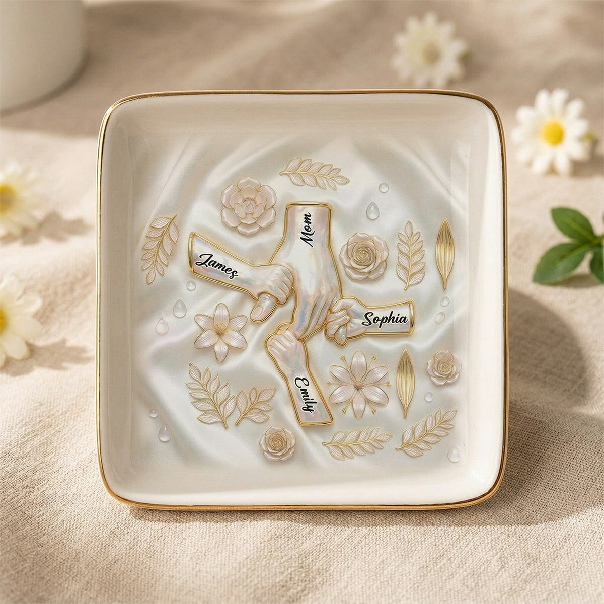 Kids Holding Mom Grandma Hand 2D Printed - Personalized Jewelry Dish - Mother's Day Gift For Mom, Grandma
