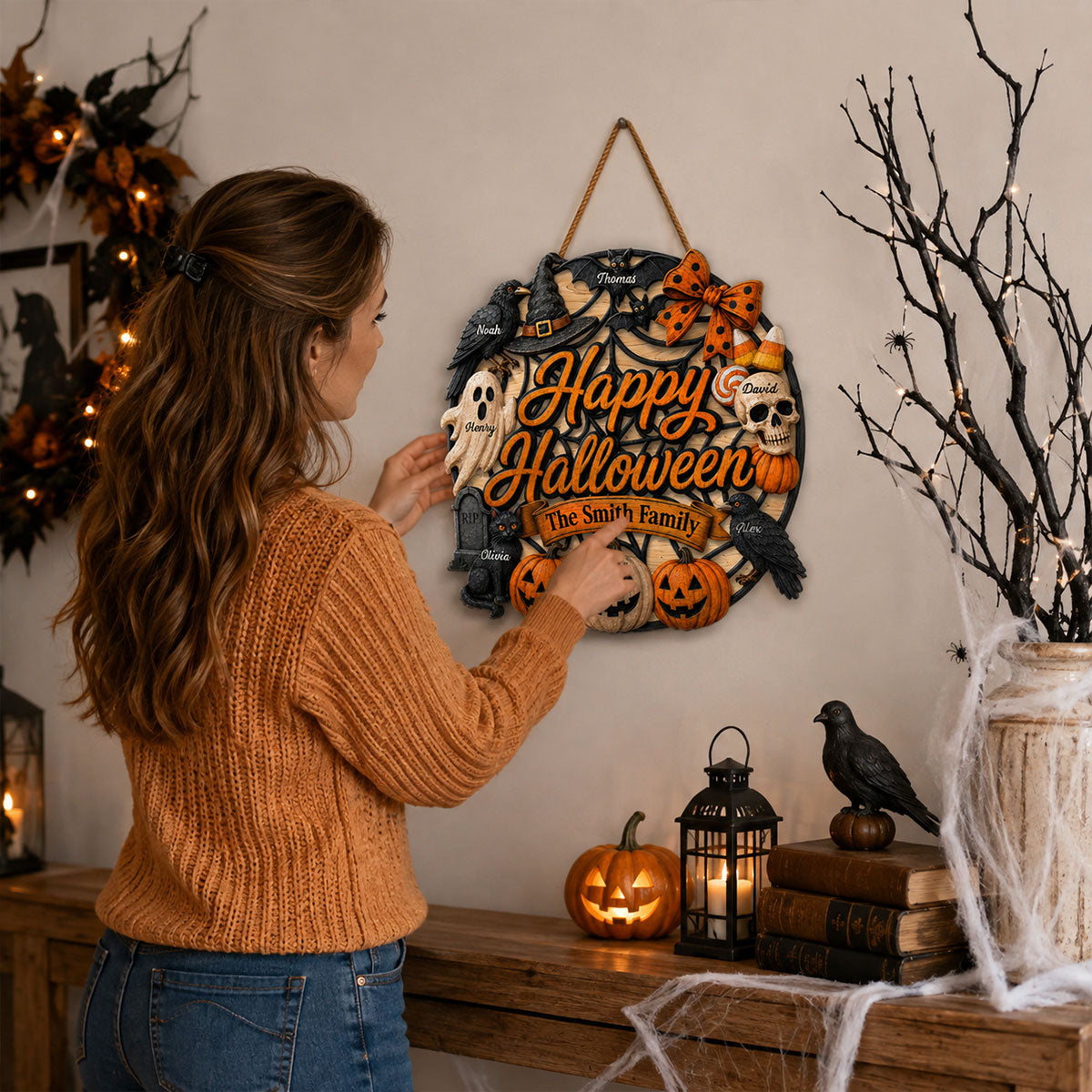 Halloween Wreath Ghost Pumpkin - Personalized Wood Sign - Happy Halloween Sign for Porch Window Door