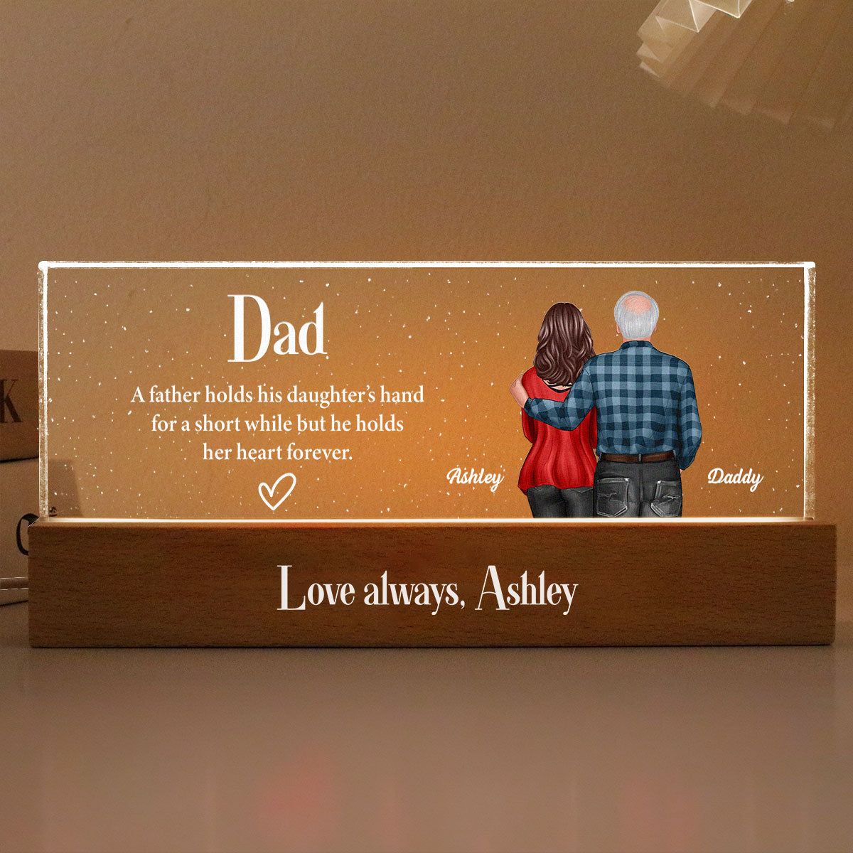 Father Daughter, Son Standing Back View Personalized Acrylic LED Night Light, Unique Father's Day Gift for Dad