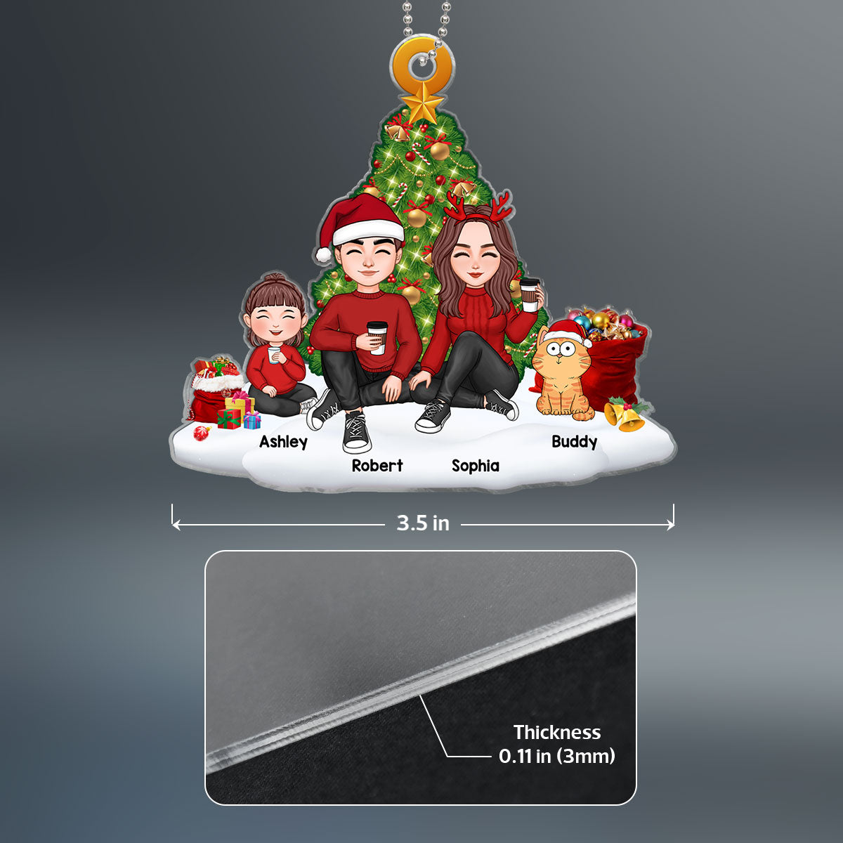 Family Sitting On Snow Christmas Tree Personalized Acrylic Ornament