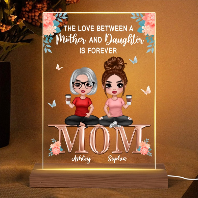 Doll Mother Daughters Sitting On Word Flower Personalized Acrylic LED Night Light