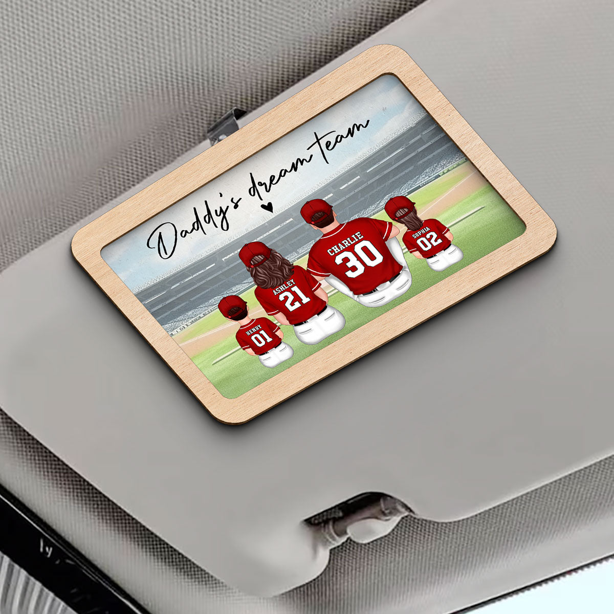 Daddy's Team Baseball Family Sitting Personalized Car Visor, Father's Day Gift For Dad, Grandpa, Husband