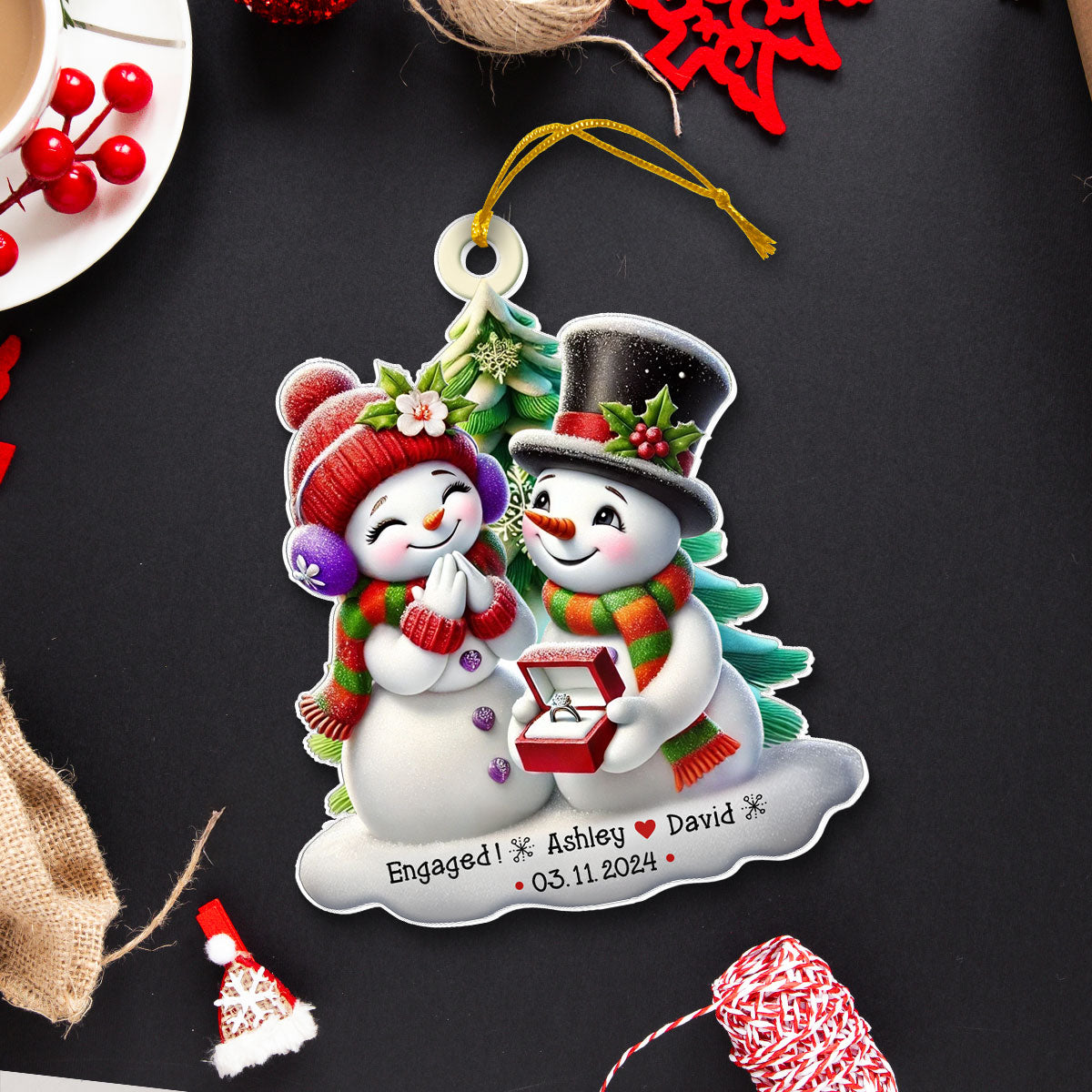 Engagement Snowman Couple Personalized Acrylic Ornament, Christmas Gift For Him, For Her, For The Couple