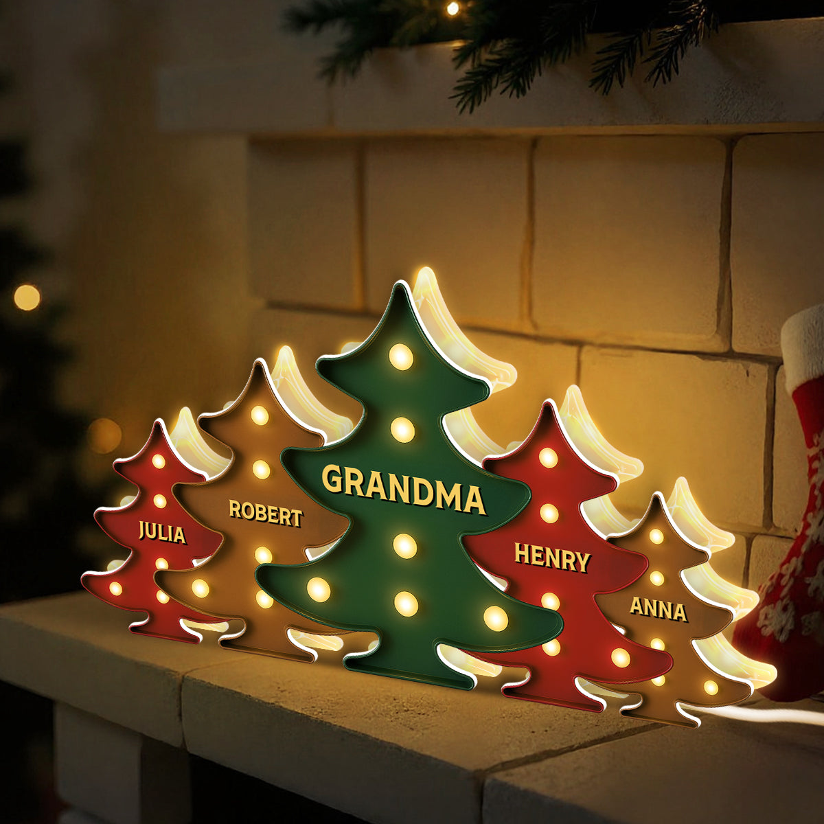 Retro Vintage Christmas Tree Grandma Grandkids Christmas Personalized LED Light Box