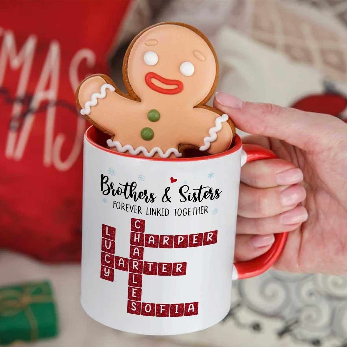 Brothers And Sisters Forever Linked Together Festive Theme Crossword Puzzle Art - Personalized Mug - Gift For Siblings, Family