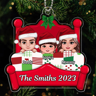Christmas Family Dad Mom Kids Dogs Cats On Bed Personalized Acrylic Ornament